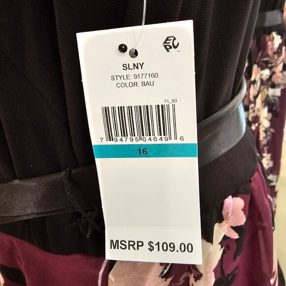 SLNY Maxi Dress Size 16 NWT Black & Purple Floral Print Chiffon Satin Waist - Picture 4 of 9